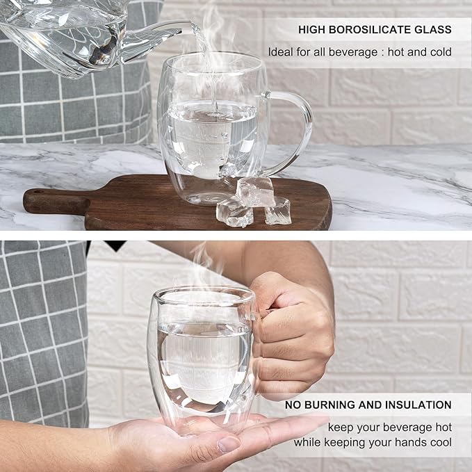 FrutPunch Double Walled Glass Coffee Mugs, Glass Coffee Mugs Set Of 4, Glass Coffee Cups with Handles, 12OZ, Suitable for Cappuccino, Latte, Espresso, Hot Drinks, Cold Drinks (4)