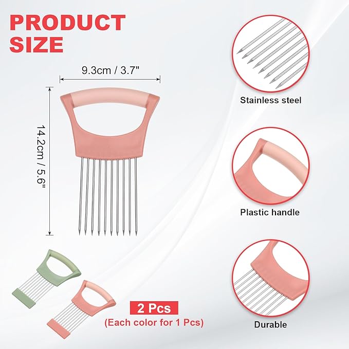 uxcell 2 Pcs Onion Slicer Holder, Stainless Steel Vegetable Cutting Holder Food Cutter Tool for Slicing Storing Onions Tomatoes Potatoes Avocados Apples, Green/Pink