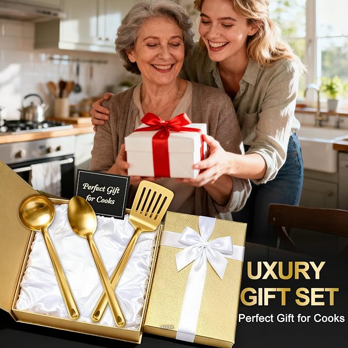 Kitchen Cooking Utensils Set, 3 pcs Stainless Steel Cooking Utensils Spatula Set with Titanium Gold Plating, Kitchen Gadgets Utensil Set