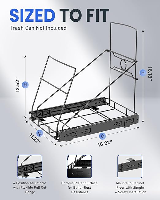 Pull Out Trash Can Under Cabinet Adjustable Trash Can Holder for 7 to 11 Gallon Bin Bottom Mount Slide Out Trash Rack for Narrow Cabinets(Black, No Bin Included)