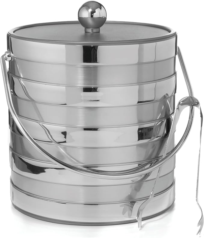 Made In USA Metallic Deco Collection Double Walled Insulated Ice Bucket With Ice Tongs (3-Quart, Silver Stripes)