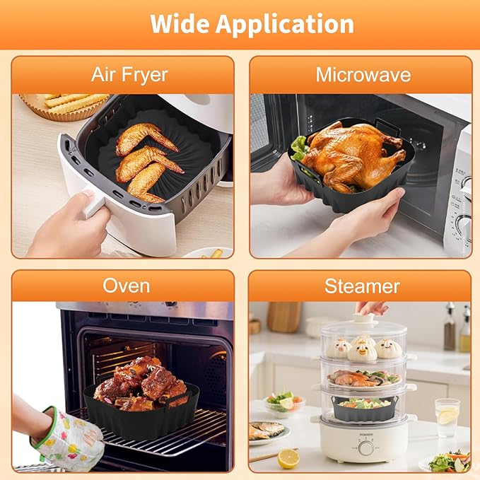 2 Pack Silicone Air Fryer Liners,7.8 Inch Reusable Air Fryer Basket for 4-7 QT Air Fryers,with Handles,Non-Stick,Food Grade Silicone Tray,Replacement for Parchment Paper – Oven Microwave Safe