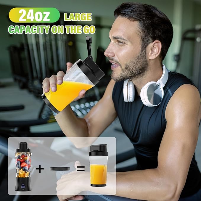 Portable Blender, 360 Watt Personal Blender for Shakes and Smoothies, 6000mAh USB Rechargeable, BPA Free 24 Oz Juicer Cup with 6 Blades and Lid, Self Cleaning Portable Juicer for Kitchen, Deep Black