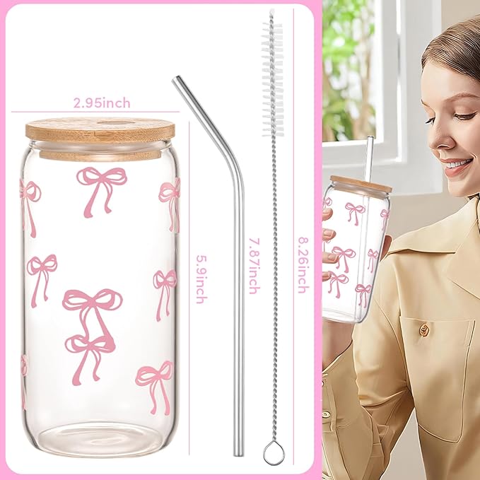 ANABIUP Coquette Cute Pink Bow Glass Cups with Lids and Straws, Aesthetic Iced Coffee Cup, Girly Preppy Design Tumbler Mug for Teen Girls Women Girlfriends Gifts