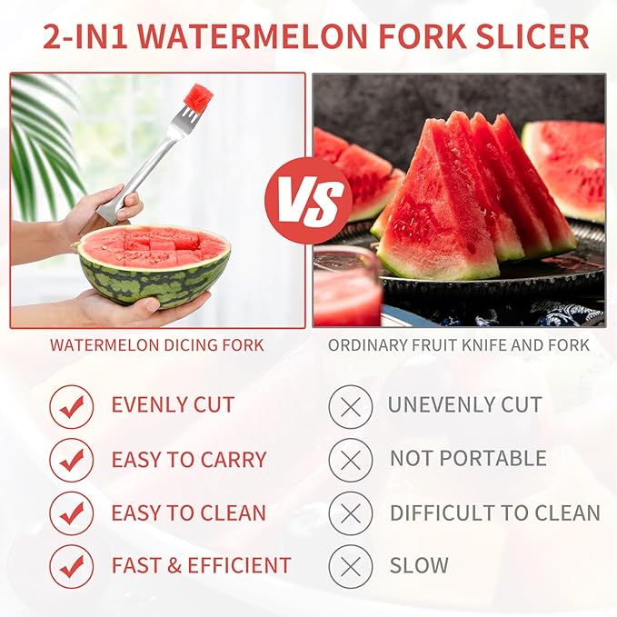 2-in-1 Stainless Steel Watermelon Fork Slicer Cutter - 1 PC Single Pack, 2024 Upgrade, Dual Head Fruit Fork Slicer for Effortless Summer Fruit Cutting at Home, Parties, and Camping