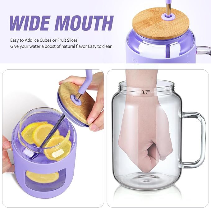 WINSA 50 oz Glass Water Bottles with Silicone Sleeve,Glass Tumbler with Lid and Straw,Iced Coffee Cup with Handle,BPA Free-Purple