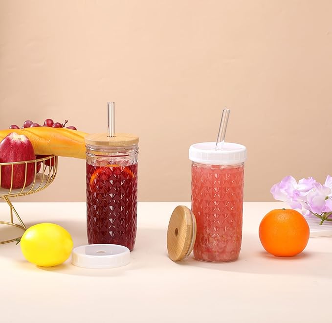 2 Pcs Glass Cups with Lids and Straws - 24oz Wide Mouth Mason Jar Drinking Glasses, Cute Reusable Smoothie cup, Iced Coffee Glasses, Travel Tumbler for Bubble Tea, Juice
