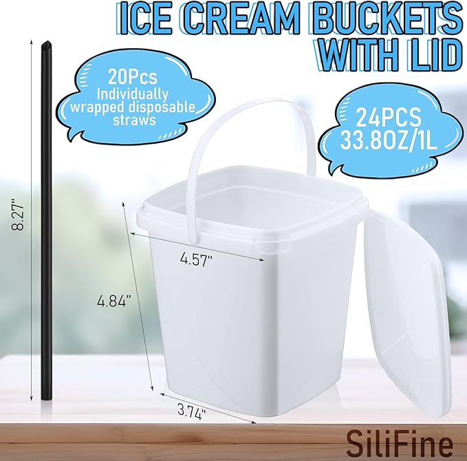 SiliFine 24 Pcs 33.8 oz Rum Buckets with Lids and Straws for Drinks, 24 Cocktails Plastic Square Reusable Ice Cream Buckets 20 Black Straws for Summer Birthday Party Snacks Drinks