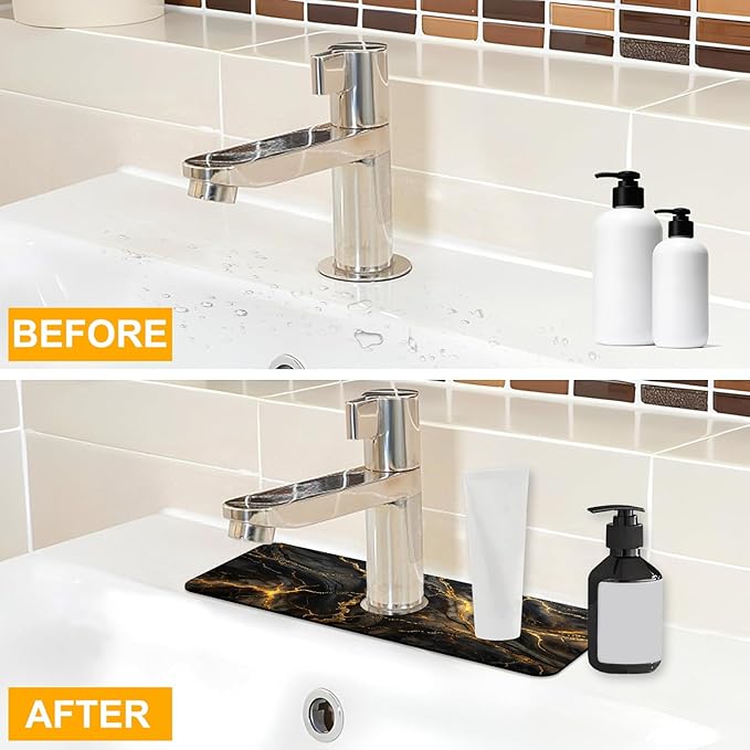 2 Pack Marble Texture Sink Splash Guard Faucet Mat Liquid Gold Marble Texture Super Absorbent Fast Drying Mat Sink Gadgets-Splash Guard Behind Faucet Drip Catcher for Kitchen Bathroom, 15.5"x5.5"