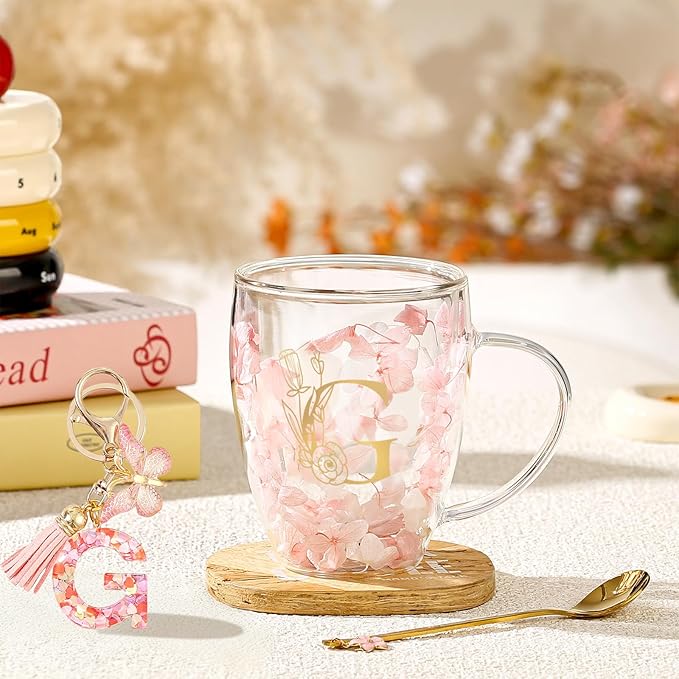 Personalized Gifts for Women Flower Glass Coffee Mug Initial Tea cup Monogrammed Customized Bridesmaid Bride Wedding Gifts Graduation Gifts Valentine Mother's Day Birthday Christmas Gift (G)