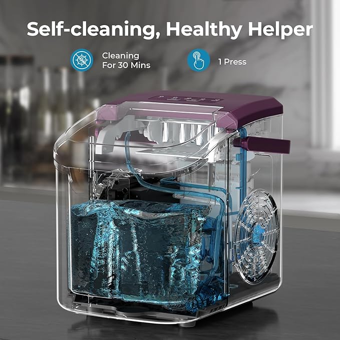 Countertop Ice Maker Machine, 8 Ice Cubes in 6 mins, 26lb/Day Bullet Ice with 2 Sizes- Portable Mini, Energy Saving & Basket/Scoop for Home/Party/Travel/Camping/Bar,Purple
