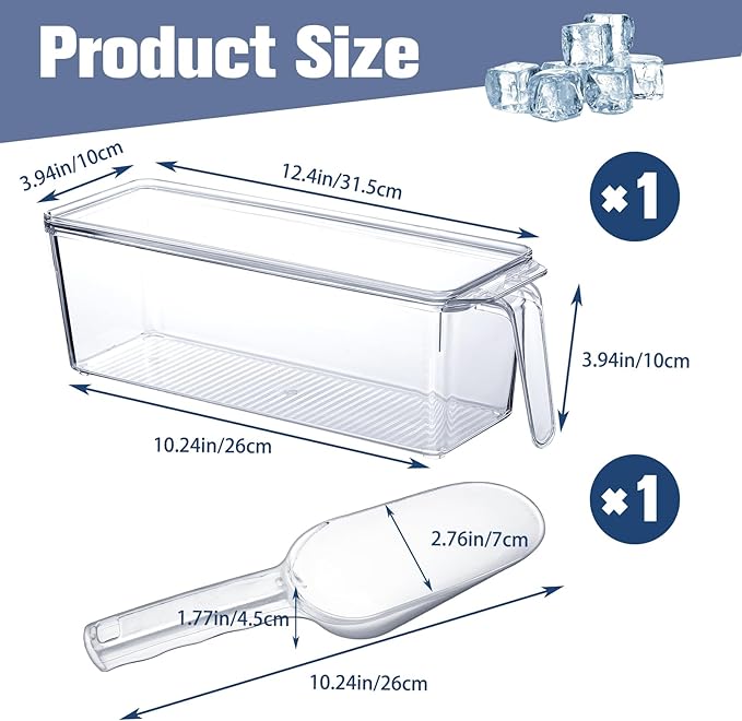 Havawish Ice Storage Bin for Freezer with Lid and Flexible Scoop Set Plastic Ice Container with Lid Handle for Home Office Fridge Storage (12.4 x 3.94 x 3.94 Inches,Clear,2 Pcs)
