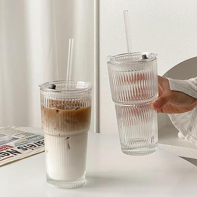 20 oz Ribbed Glass Tumbler with Lids and Straws - 4 Pack Iced Coffee Cups, Thickened Glass,cups for Iced Coffee, Smoothies, Cocktails and Juices 20.6 Cu. Ft.Freezer Refrigerator