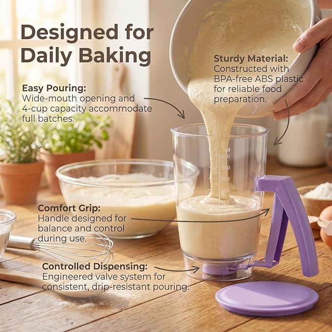 2-Pack Pancake Batter Dispenser Bottle, Squeeze Handle for Controlled Pour, Measurement Markings for Pancakes, Waffles, Brownies, Cup Cakes, Muffins & Crepes, Rinse-Wash Kitchen Tool