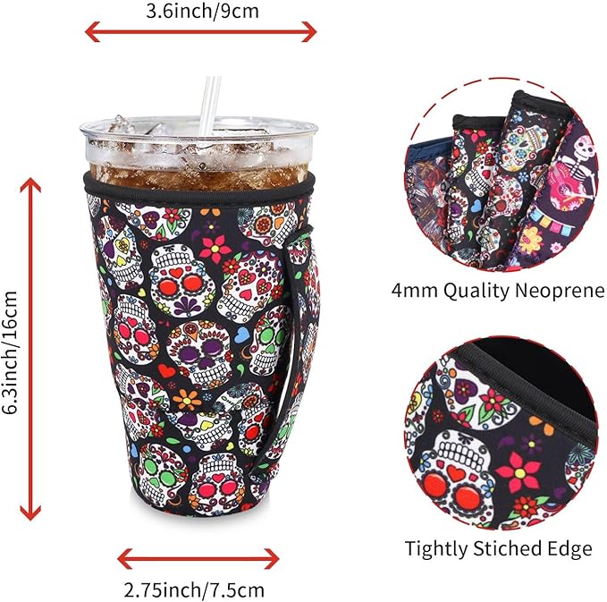 4Pack Reusable Iced Coffee Sleeve Insulator Sleeves for Cold Drinks Beverages, Neoprene Cup Holder for Most Coffee, Fits 30-32oz Large Cups (Sugar Skull)