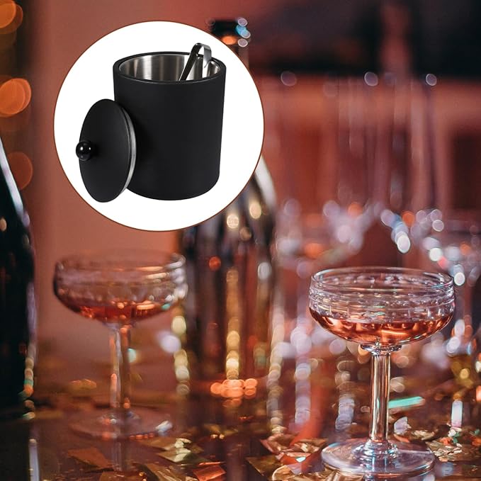 Ice Bucket with Lid, Tongs and Strainer, Stainless Steel Insulated Ice Bucket for Cocktail Bar, Ideal for Cocktail Bar, Parties, Chilling Wine, 5.5 x 5.5 x 7.3 inches (Black)