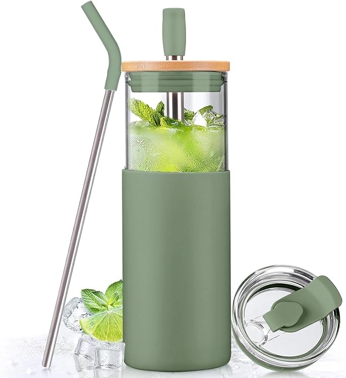 Kodrine 24oz Glass Tumbler with Lids and Straws|Bamboo & On the go Lid|Reusable Ice Coffee Cup with Silicone Sleeve, Glass Coffee Tumbler for Smoothie/Matcha, Dishwasher & BPA Free-Olive