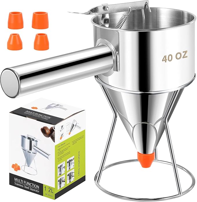 Pancake Batter Dispenser 40 OZ - Funnel Cake Dispenser With Stand, Stainless Steel, Leak-Proof Nozzle & Squeeze Handle, Precise Control, for Pancakes, Waffles, Cupcakes & Baked Goods