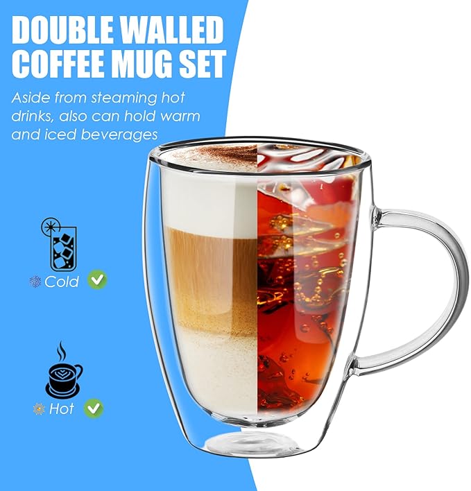 12 oz/350ml Double Walled Glass Coffee Mugs, Glass Coffee Cups Set of 4, Insulated Borosilicate Clear Glasses, Espresso Cappuccino Latte Tea Cups with Handle for Latte, Hot/Cold Drink