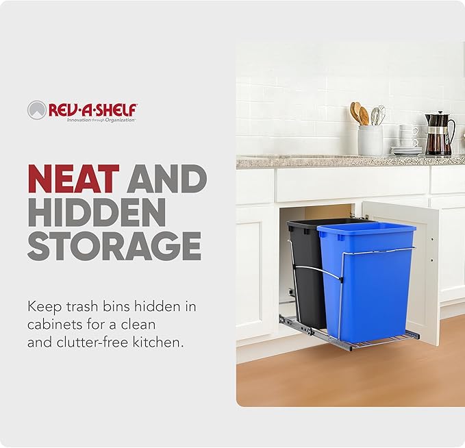 Rev-A-Shelf RV-18KD-2218C-S Double Pullout Trash Cans for Kitchen Cabinets 35 Quart Garbage Recycling Bin on Full Slides, Blue/Black