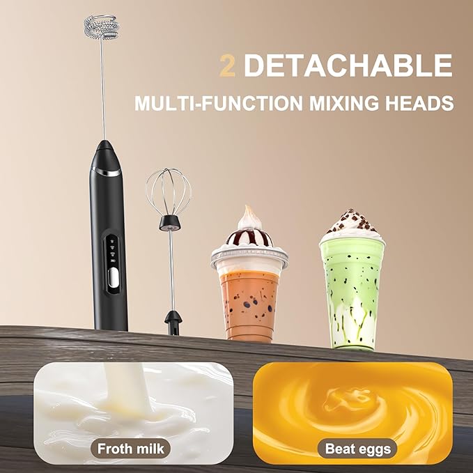 Rechargeable Plant Milk Frother Handheld, Coffee Milk Frother 3 Speed Portable Electric Foam Maker with 2 Detachable Stainless Steel Whisks for Plant-Based Milk Oat Almond Latte Cappuccino Matcha
