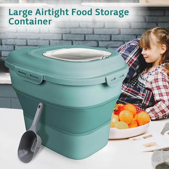 Komzon Rice Storage Bin Cereal Containers, 13-50lb Collapsible Rice Container Dispenser with Transparent Lid, Rolling Wheels, Measuring Cup and Scoop, Airtight Dog Cat Pet Food Storage Container Green
