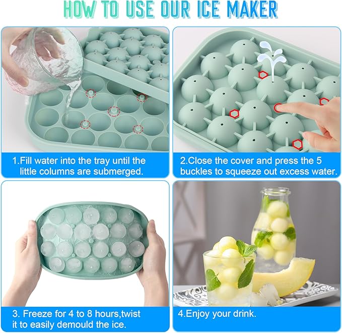 Ice Cube Tray, 2 Pack Flexible Silicone 22 Ice Balls Maker with Lid BPA Free Easy-Release Ice Cube Trays for Freezer, DIY Homemade Round Ice Cubes for Whiskey, Cocktails, Coffee
