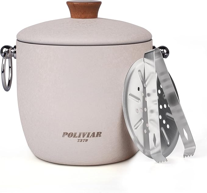 POLIVIAR Ice Bucket, 2.5L Double Wall Ice Bucket with Lid, Stainless Steel Ice Bucket with Tong & Strainer, Ice Bucket for Cocktail Bar, Home & Parties, JX2023-IBLM
