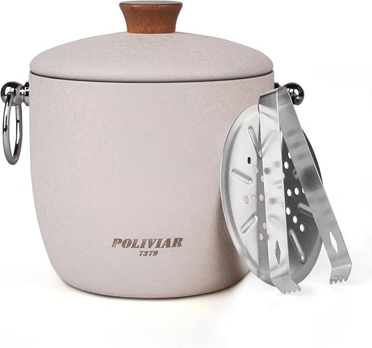 POLIVIAR Ice Bucket, 2.5L Double Wall Ice Bucket with Lid, Stainless Steel Ice Bucket with Tong & Strainer, Ice Bucket for Cocktail Bar, Home & Parties, JX2023-IBLM