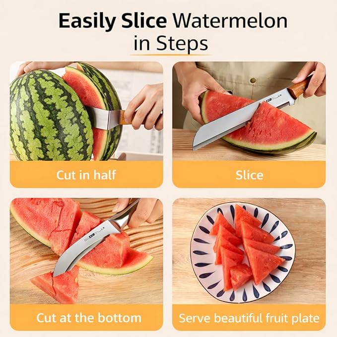 2026 Stainless Steel Watermelon Slicer, Triangle Watermelon Cutter, Stainless Steel with Wooden Handle for A Wide Variety Watermelon, Cantaloupe, Honeydew,and More (2PCS)