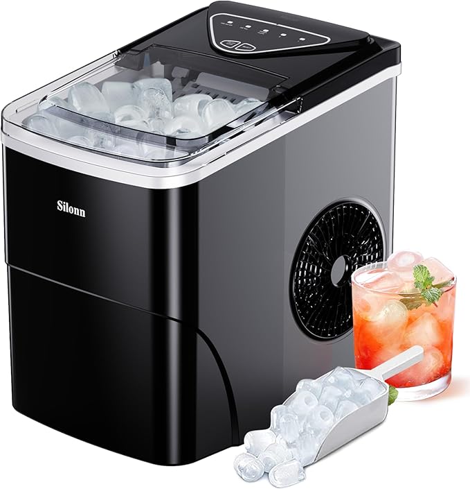 Silonn Countertop Ice Maker, Auto-Cleaning Portable Ice Machine with Ice Scoop and Basket, 26lbs in 24Hrs, 9 Ice Cubes Ready in 6 Mins, 2 Sizes of Bullet Ice for Home Party