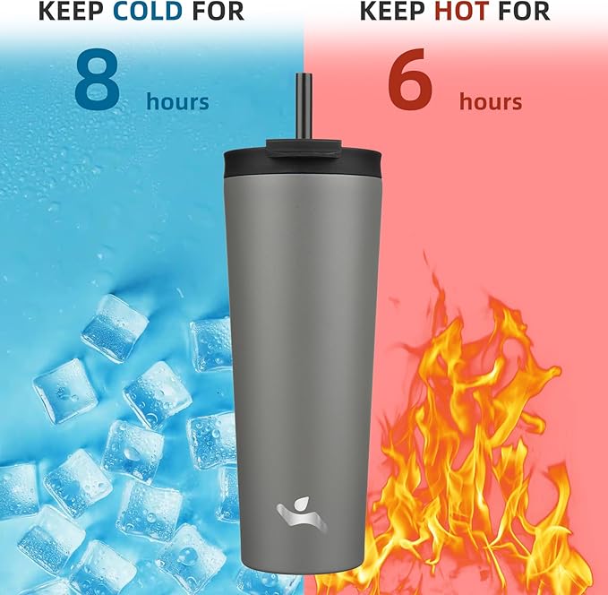 Konokyo 26 OZ Insulated Tumbler with Lid and 2 Straws Stainless Steel Water Bottle Vacuum Travel Mug Coffee Cup,Gray