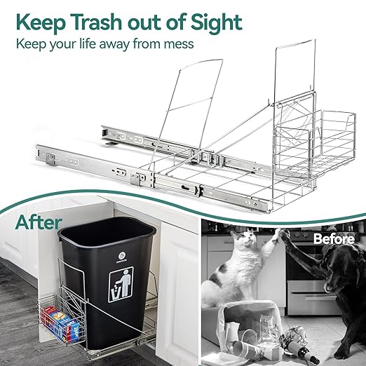 Pull Out Trash Can Under Cabinet,Adjustable Under Sink Trash Can Pull Out Kit with Removable Basket,Slide Roll Out Kitchen Trash Can Rack,Fit for Most 7-11 Gallon Garbage (Trash Can Not Included)