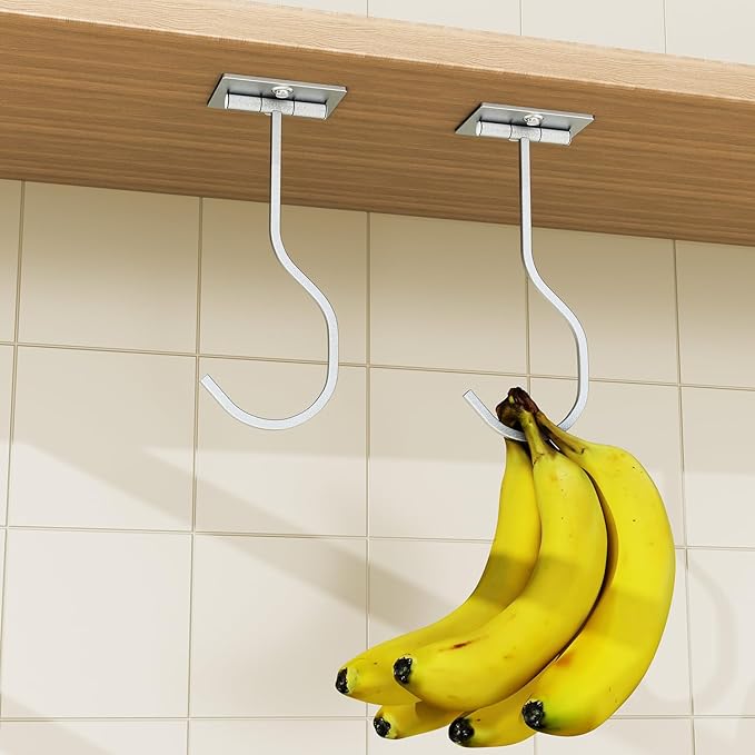 2-Pack Self Adhesive Banana Hook, Metal Banana Hanger Hook,Under Cabinet Hook For Bananas Or Kitchen Items, Foldable Banana Hook, Folds Up With Magnets When Not In Use, Keep Bananas Fresh, Silver
