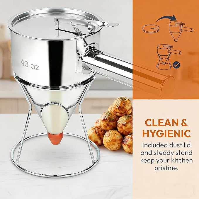 40oz 304 Stainless Steel Pancake Batter Dispenser With Dustproof Lid 4 Interchangeable Nozzles&Detachable Handle Perfect For Parent-Child Baking, Holiday Parties, Cupcakes Waffles。