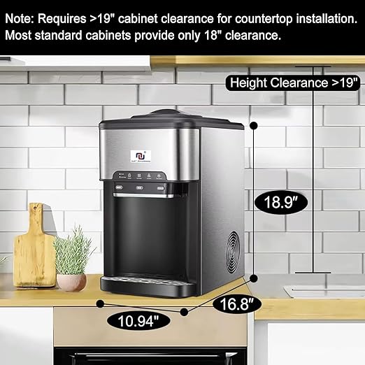 NUNET 3-in-1 Ice Maker Water Dispenser Water Cooler Filled by Water Line w. 10ft Water Inlet Hose 1/2" &1/4" Connector Hot/Cold Water Ready Makes 44 lbs Ice Daily Stores 4lb Ice
