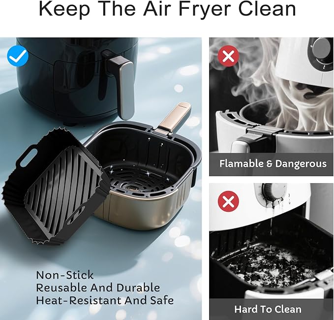 Air Fryer Silicone Liners 2 Pack, Reusable Square Air fryer Basket Liners, 4-6Qt Silicone Baking Tray for Instant Air fryer, Oven Microwave Pot Accessories, Food Grade Kitchen Gadgets