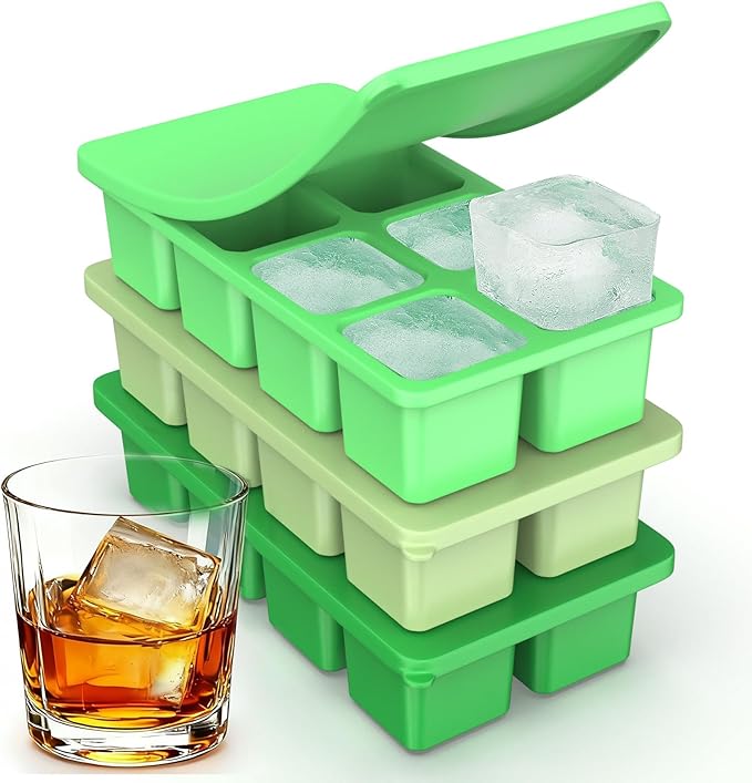 Large Silicone Ice Cube Trays with Lids, ZDPMK 3 Pack Large Whiskey Ice Cube Molds, Easy‑Release 2 Inch Square Big Ice Cube Molds for Freezer, Cocktails, Iced Coffee, Baby Food, Dishwasher‑Safe
