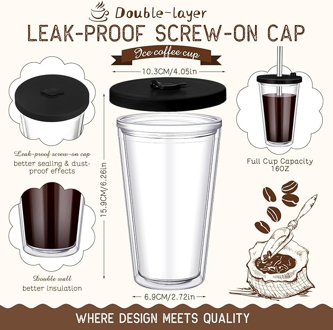 Honeydak 2 Pack 16 oz Reusable Iced Coffee Cups with Lids and Straws Leakproof Double Wall Insulated Clear Plastic Iced Coffee Tumblers with Straw Brushes