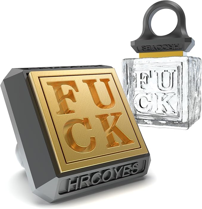 Square Ice Stamp Ring – 3 mm Brass Personalized Cube & Sphere Press, Ready-to-Gift Clear Acrylic Christmas Box, Custom Letter/Pattern Imprint for Whiskey & Cocktails (Letter FUCK)
