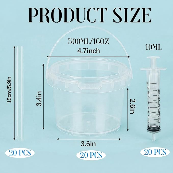 Willinglong 20 Set 16oz Clear Plastic Drink Buckets Rum Buckets for Drink with Straws, Lids and Beverage Syringes Reusable Iced Coffee Cups for Rum Wine Beer Cocktail Beverage Lemonades