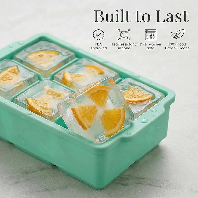 KitchFort Large Silicone Ice Cube Tray (3-Pack), Easy Release 2" Big Ice Cubes - Cocktail, Whiskey Ice Cubes Mold - Ice Trays for Freezer with Lid - Stackable Silicone Ice Tray - Green