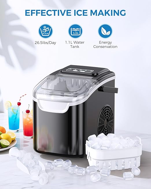 COWSAR Ice Maker Countertop, Portable Self-Cleaning Ice Machine, 26.5lbs/24Hrs, 8 Bullet Ice Cubes in 6 Mins, with Ice Basket and Scoop, Quiet Mini Ice Makers for Home, Kitchen, Bar, Camping
