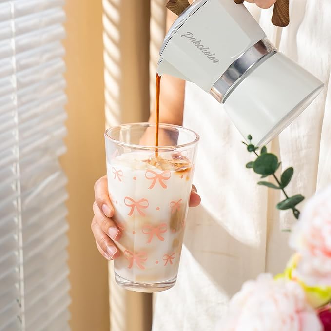 Olvini Coquette Cute Pink Bow Glass Cups with Lids and Straws, Aesthetic Iced Coffee Cups, Preppy Glass Cups, Coffee Tumbler, Matcha Cup, Teen Girl Gifts Trendy Stuff (Bow)