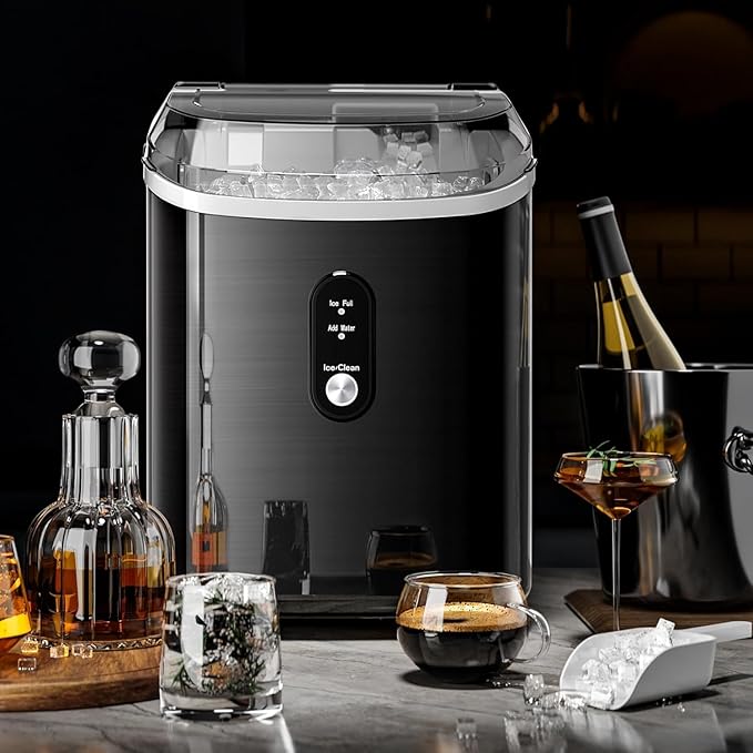 Kismile Nugget Ice Makers Countertop,35Lbs/24H,Portable Sonic Ice Machine with Self-Cleaning,One-Click Operation for Home/Office(Stainless Steels Black)