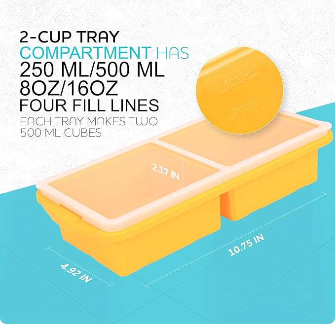 XOMOO Silicone Freezer Tray With Lid-Soup Freezer Container molds-2-cup Extra Large Ice Cube Tray-makes 4 perfect 500ml portions cubes, For freezing soup,stews,sauces.Oven&Dishwasher-Safe(2-Pack)