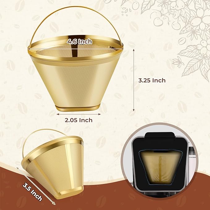 Gold Stainless Steel Coffee Filter, Reusable 304 Stainless Steel Permanent Replacement Filter for Ninja Dual Brew Pro, Ninja CFP301, CFP201 & #4 Cone Coffee Makers (2-Pack)