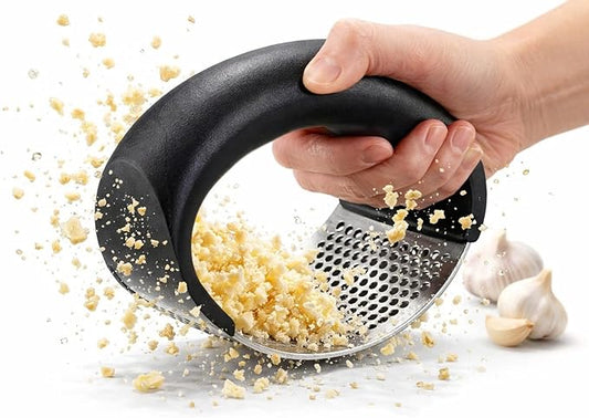 Stainless Steel Garlic Press, Heavy Duty Garlic Crusher Mincer with Ergonomic Handle, Easy Squeeze Garlic Presser for Kitchen Cooking (Black)