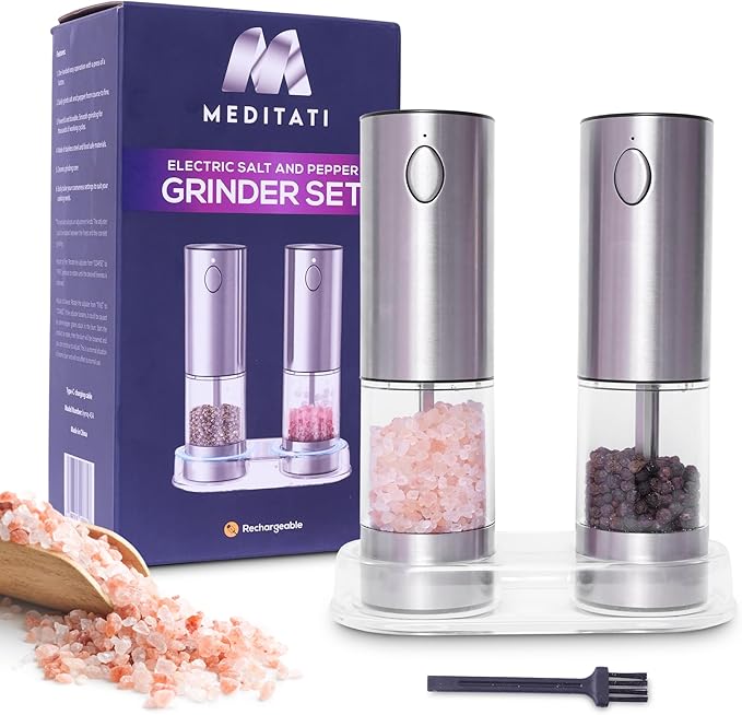 Rechargeable Automatic Salt and Pepper Grinder Set - One Hand Operation with LED Light for Precise Seasoning - Adjustable Coarseness with Ceramic Core - Set of 2