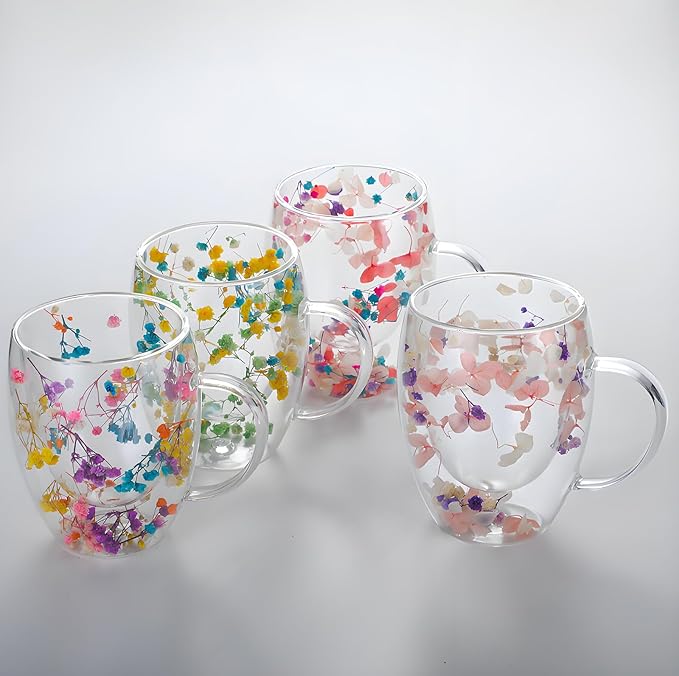 Double Walled Clear Glass Espresso Cups with Handle Cute Floral Latte Coffee Mugs for Women Unique Tea Mug Cappuccino Cups